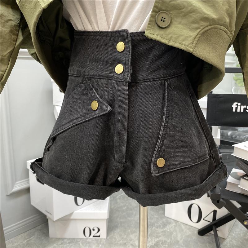 

Design high-waisted two-button jeans 2020 summer new personality wild and thin casual wide-leg shorts trend 1001, Black