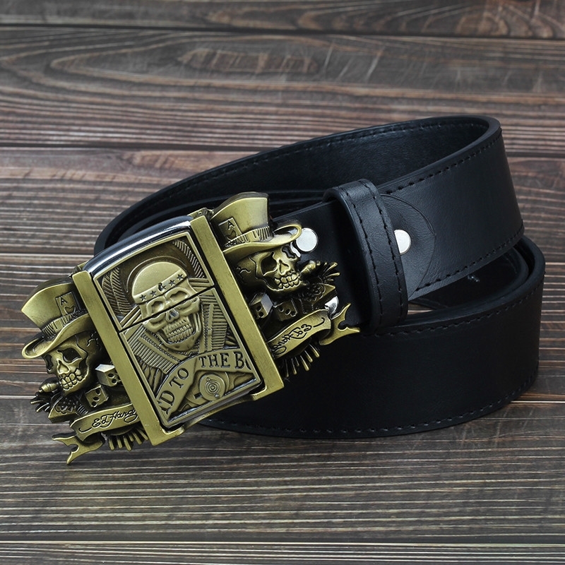 

Golden skull Novelty cigarette lighter belt men's leather belt lighter buckle metal lighters Kerosene lighter belt for men gift Y200520, Black;brown