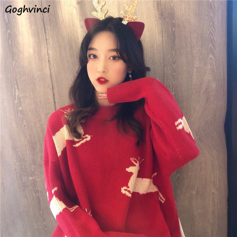 

Sweaters Women Pullovers Red New Year Christmas All-match Girls Loose Vintage Harajuku Chic Knitted Winter Warm Retro Korean Ins, Red elk