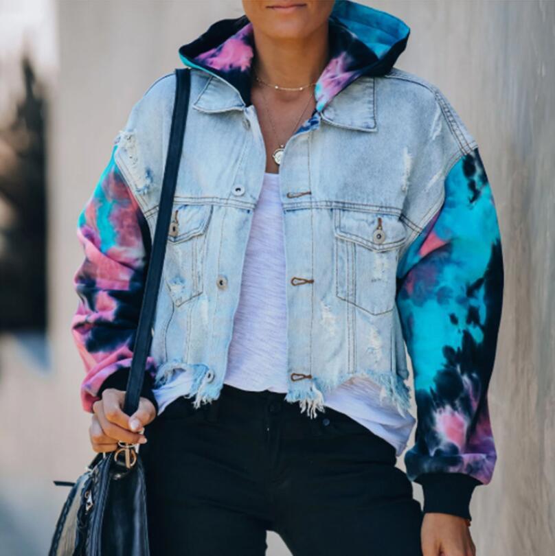 

2021 Autumn Tie Dye Denim Jacket Shredded Pocket Long Female Casual Fashion Coats Jean Outerwear P1694 G4r0