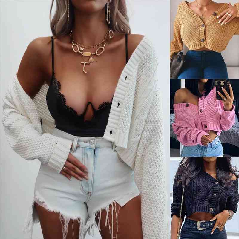 

Autumn Women Cardigan Sexy Long Sleeve Korean Fashion Sweater Open Front Button Up Knitting Cardigan Crop Top Short Sweaters, White;black