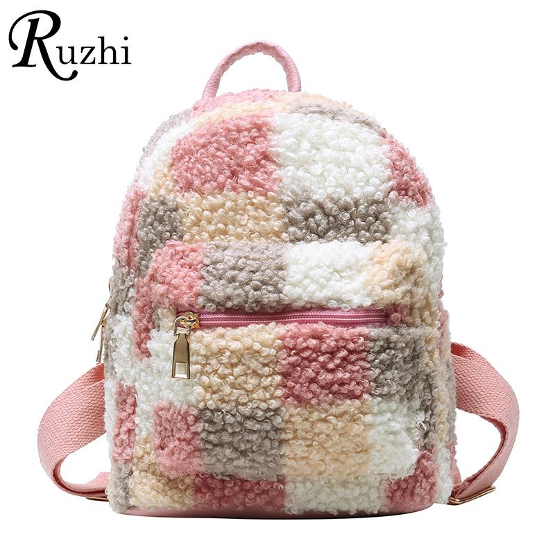 

Latticed Faux Fur Shoulders Bag Color Contrast Plush Women Backpack Cute Furry Women Bag NEW Winter Bags For 2021 Mini, Blue