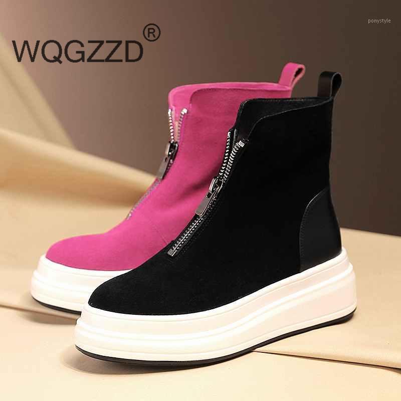 

flat platform shoes women's boots cow suede round toe front zipper office lady dating gorgeous mid-calf boots mujer1, Black