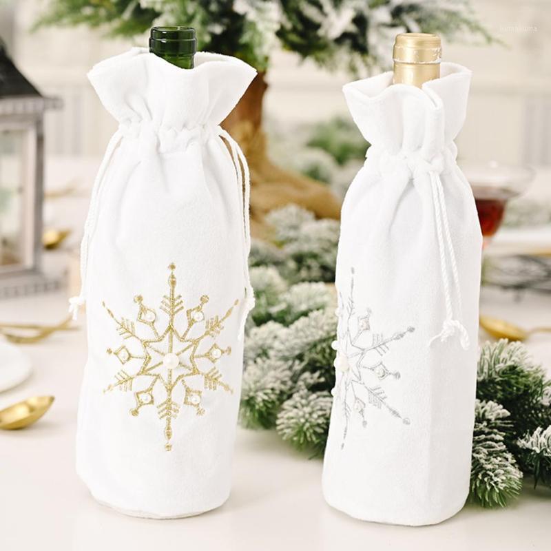 

Snowflake Beads Design Drawstring Gift Bag Wine Bottle Cover Party Dinner Decor Flannel Fabric Snowflake Beads Design Good Decor1
