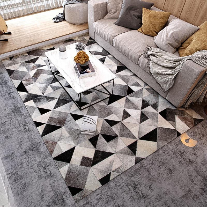 

Nordic black white and gray triangles natural cowhide skin fur carpet for living room big size decoration office carpet, As picture