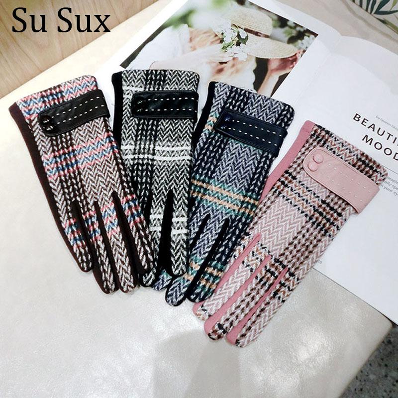 

Fashion Plaid Touch Screen Gloves Women Winter Thickening Warm Finger Gloves PU Patchwork Cashmere Wool Female Korea
