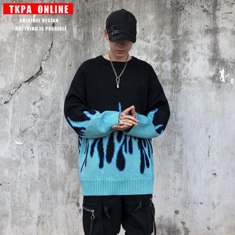 

Loose couples knit sweater flame country tide men and women hip hop high street round neck pullover sweater, Blue