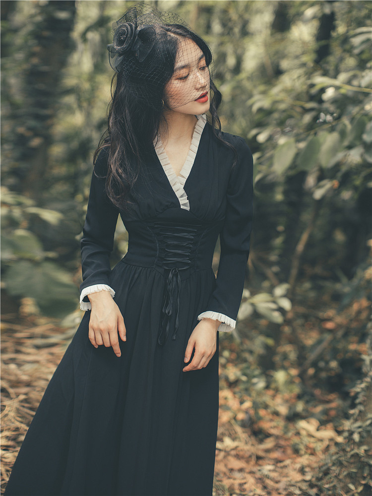 

Black Yosimi Female with Low-cut v Midi Long Sleeve Vintage Fit and Enlargement Dress Summer Bandage 2021 Spring N9fe, Blue