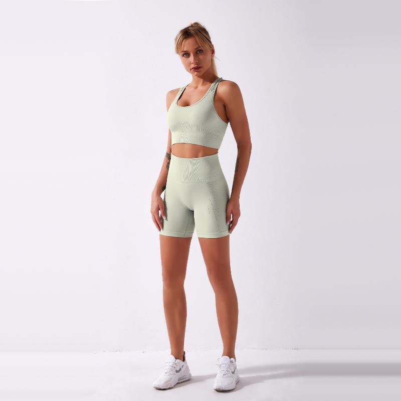 

New Arrival Hot Selling Custom Label Elastic Shorts Set Sleeveless Womens Seamless Fitness Nylon Yoga Suit 3pcs, Light green shorts