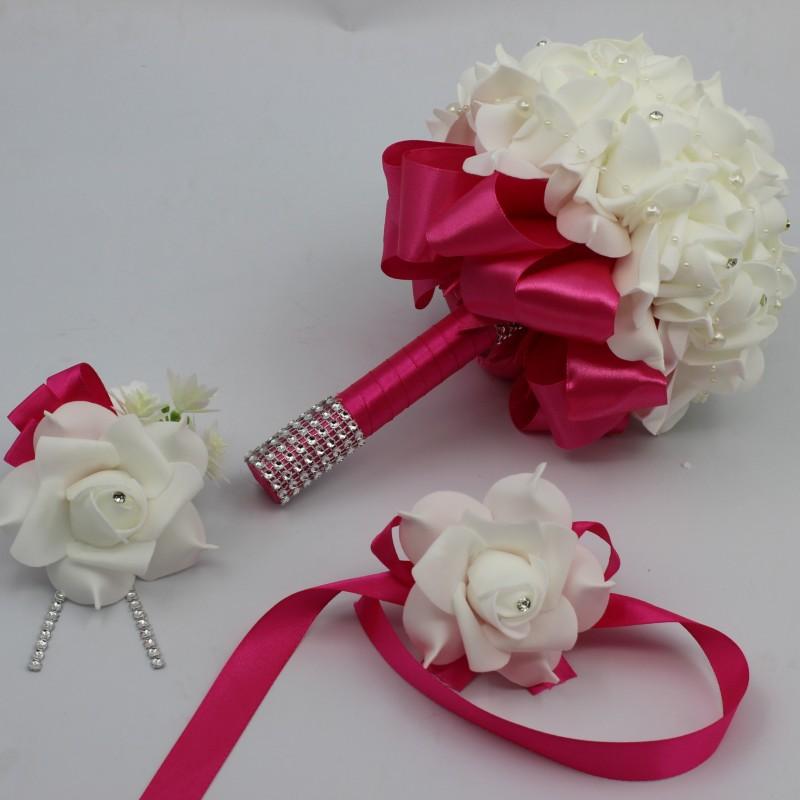 

3 pcsBridal Bridesmaid Fushia Rose Flowers holder Wedding Bouquet Boutonniere Wrist Corsage Set Home Party Bride Accessories