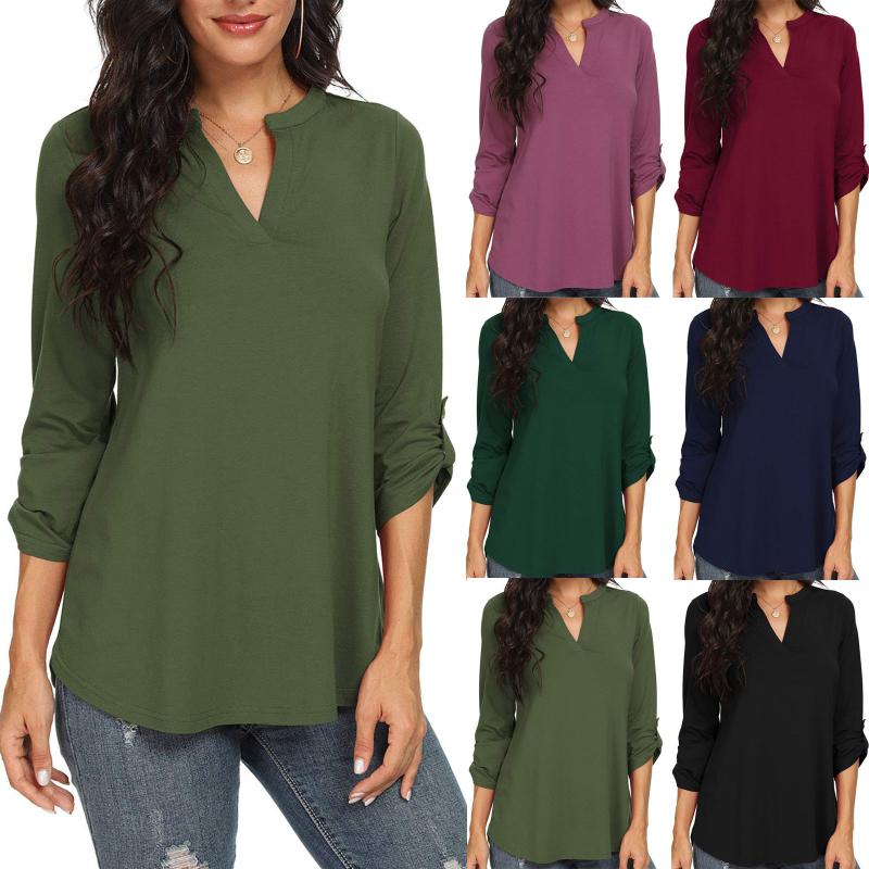 

Autumn Spring Women Fashion Casual Long Sleeve V-neck T-Shirt Solid Colors Loose Pullover Tops Plus Size Camisetas Mujer#p3, Black