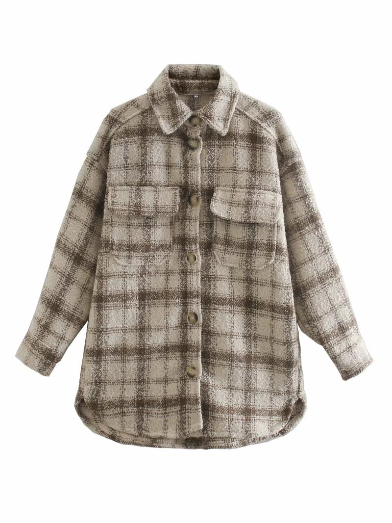 

Women Vintage Chic Contrast Colors Pockets Shirt Jackets Girls Fashion Single Breasted Lapel Collar Coat Outerwear, As pic