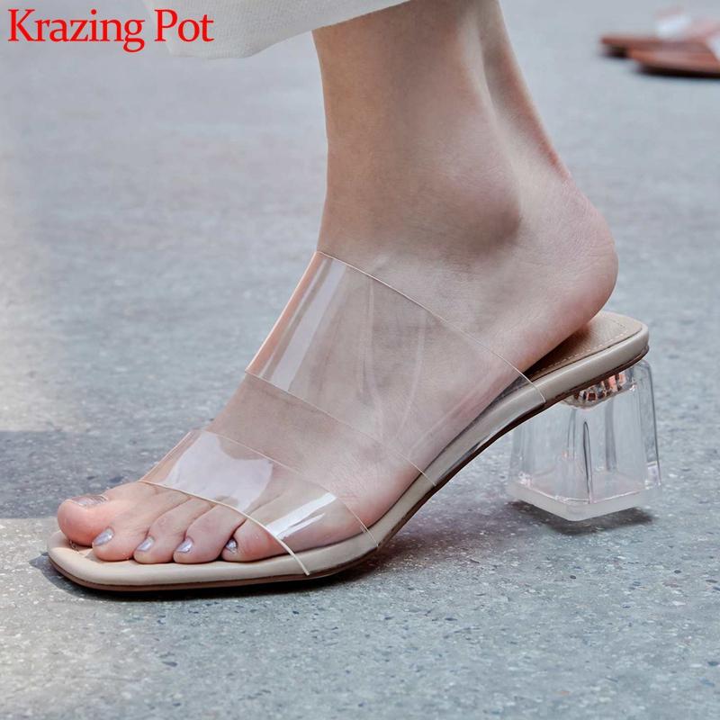 

Krazing pot new natural leather summer high quality peep toe crystal high heels slip on mules European design sandals women L22, Beige
