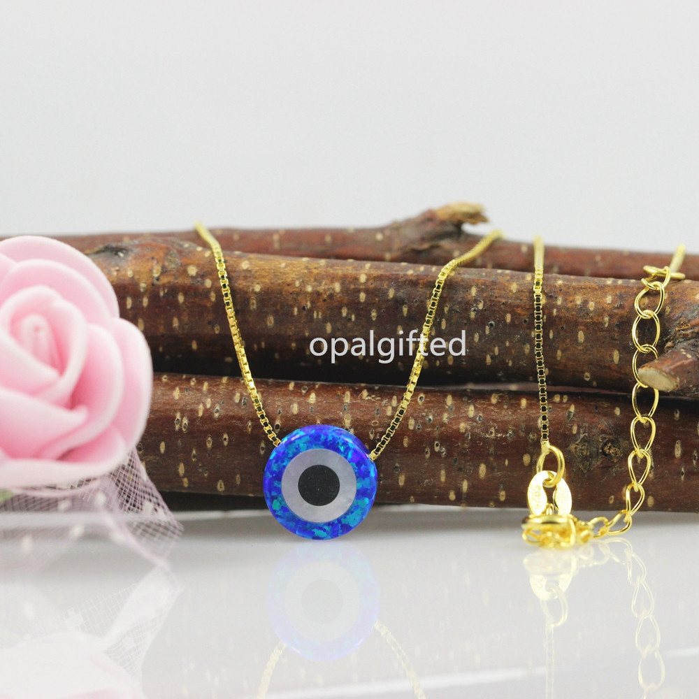 

(1pc/lot)10mm OP27 dark blue/OP06 light blue 10mm synthetic opal Evil eye Turkish necklace with 925 silver chain or gold chain Z1126