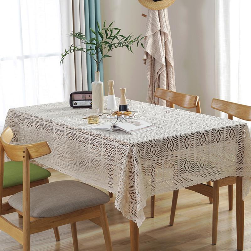 

Pastoral Handmade Crochet Tablecloth 100% Cotton Lace Tablecloth Furniture Cover Hollow Coffee Table Cloth Living Decoration, White