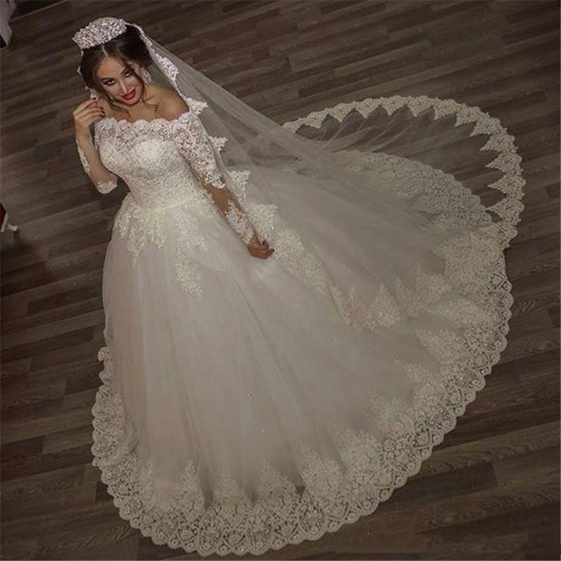 

Off Shoulder Long Sleeves Lace Ball Gown Wedding Dresses with Appliques Sweep Train Lace-up Back Plus Size Bridal Gowns, Ivory