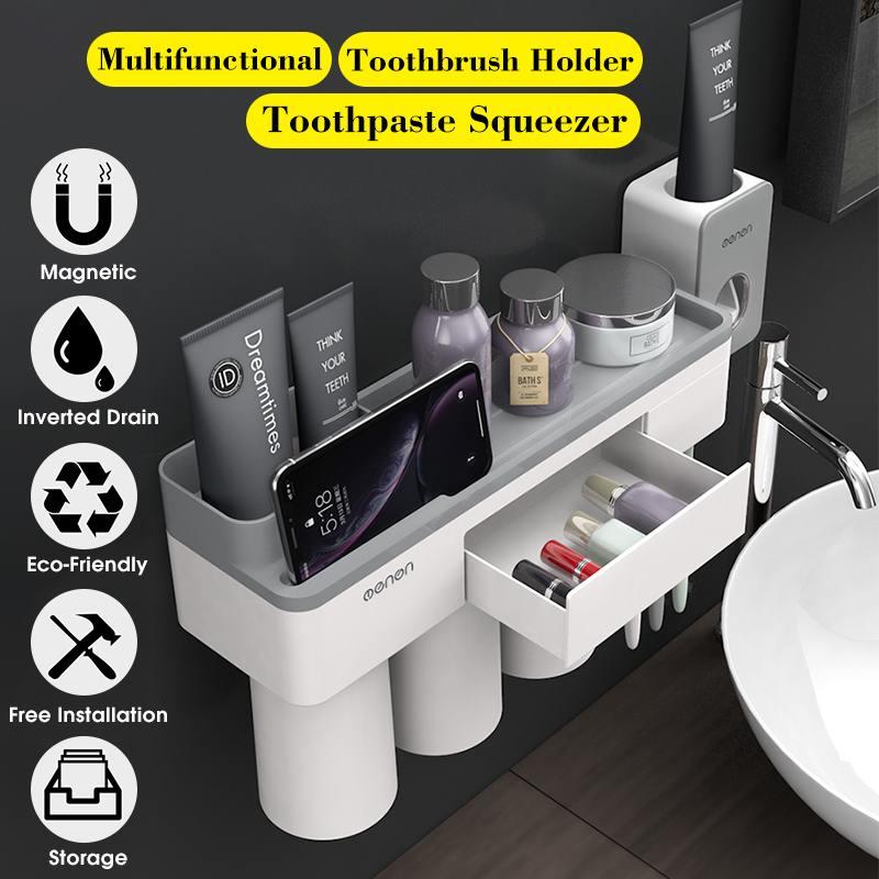 

Bathroom Wall Mount Toothbrush Holder Rack with Magnetic Cup with Mini Drawer Storage Rack Phone Holder Toothpaste Dispenser