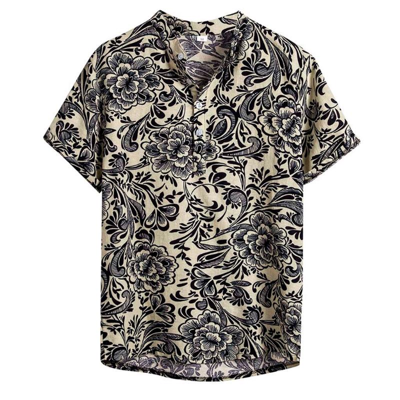 

Shirts Men Ethnic Short Sleeve Casual Tops Turn-down Collar Cotton Linen Printing Hawaiian Shirt Blouse Men Shirt chemise homme, Gray