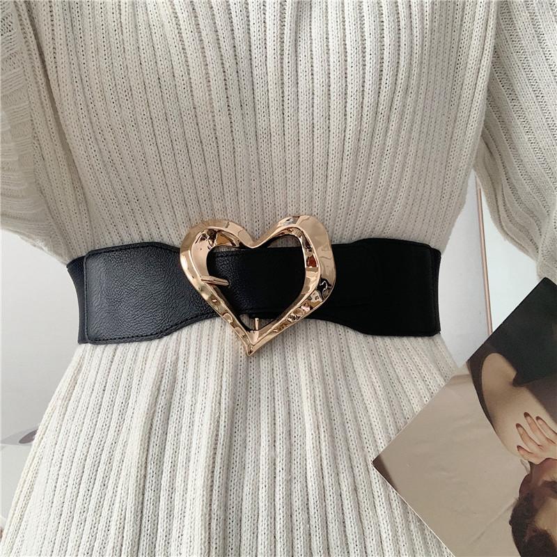 

Belts Big Heart Buckle Stretch Black Cummerbunds Dress Coat Solid Wide White Waistbands Skirt Girl Students Party Decorate Gifts, Black;brown
