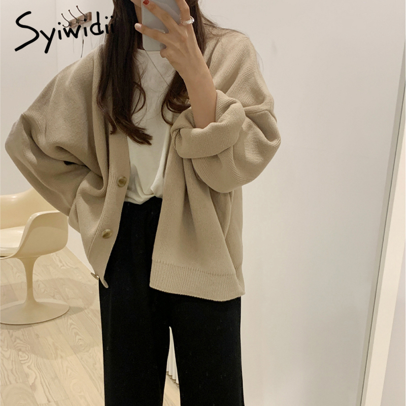 

Syiwidii Oversized Knitted Cardigans Women Harajuku Brown Sweater Autumn Winter 2021 Korean Tops Casual Vintage Bla Warm Coat, Black