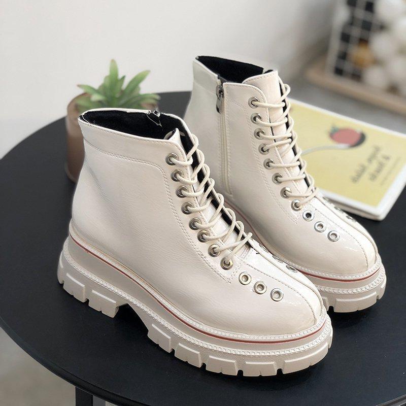 

Women Combat Boots 2021 Autumn Female Gothic Shoes Platform Short Boots Fashion Women Black Leather Plush Ankle, Beige