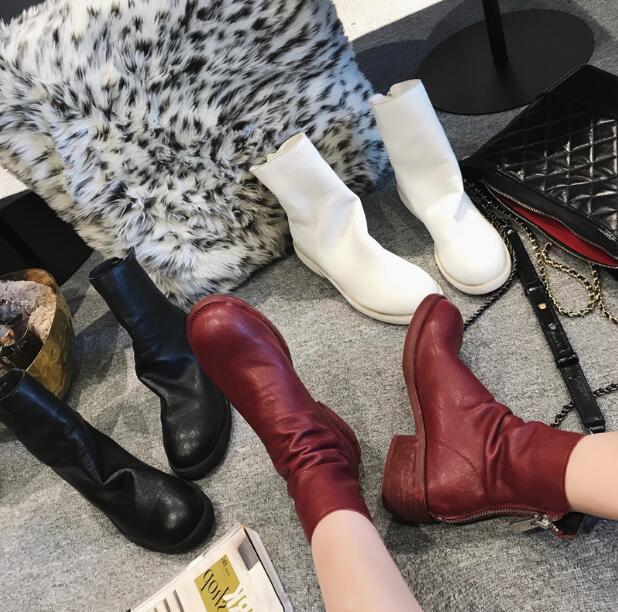 

Spring New Cheap High Quality Hot Woman Sold White/Black/Red Wine Zipper Back Round Toe Pu Flat Ankle Short Boots Lady, Leather inside