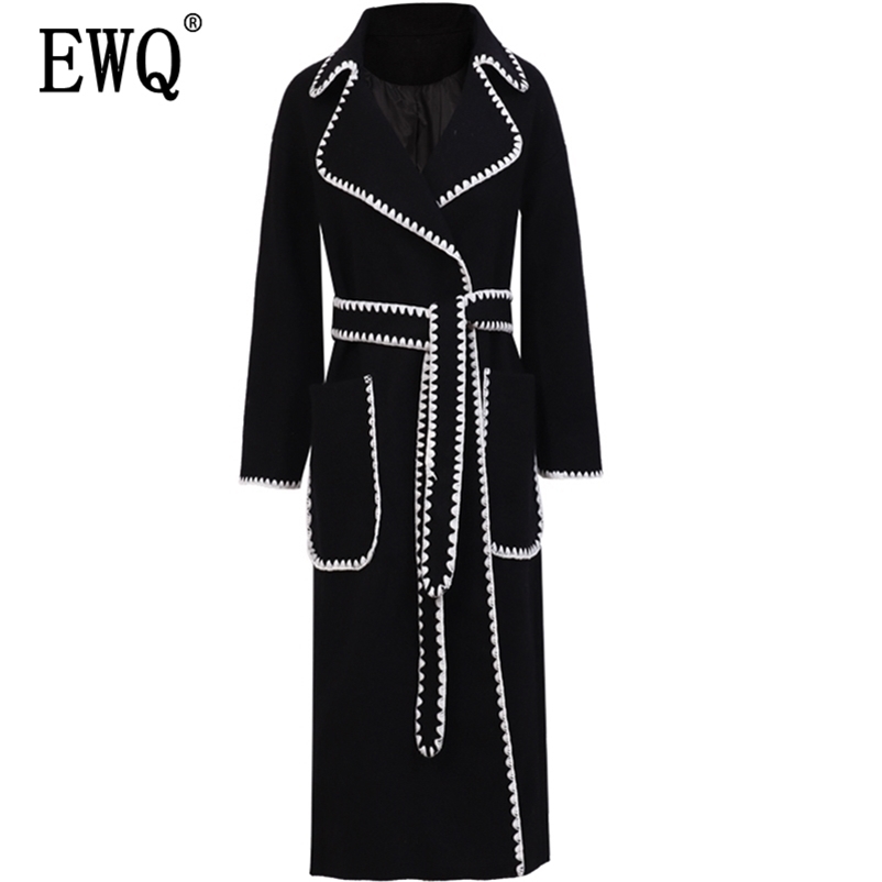 EWQ Autumn Winter Style Lapel Long Sleeve White Patchwork Adjustable Waist Woolen Coat Vintage Fashoin AH13411M 201218Z