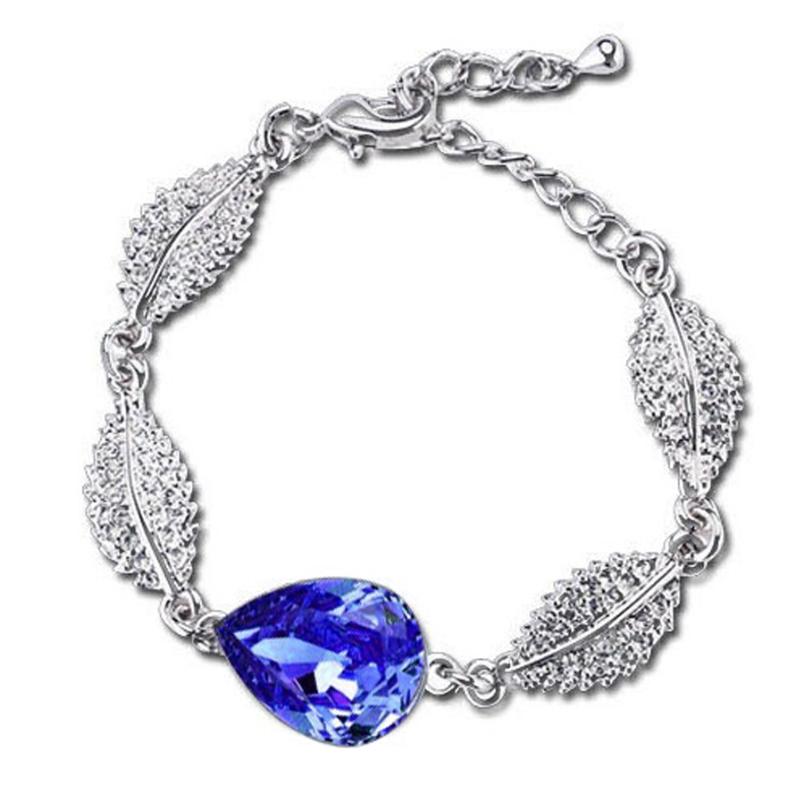 

Austrian Crystal jewelry Drop pendant silver plated Acacia leaves chain & link bracelets for wedding