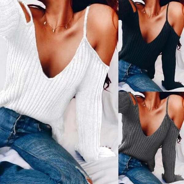 

Women's T-Shirt Ladies Sling Long Sleeve V Neck T-shirtSexy Style Womens Clothing Tees Solid Slash Button Off Shoulder Tops