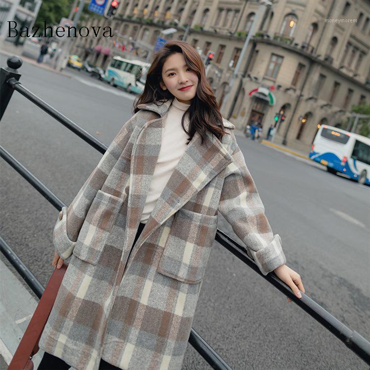 

Winter Woolen Women Plaid Pockets Loose Long Coats Casual Lady Long Sleeve Jacket Overcoat T10781, Picture color