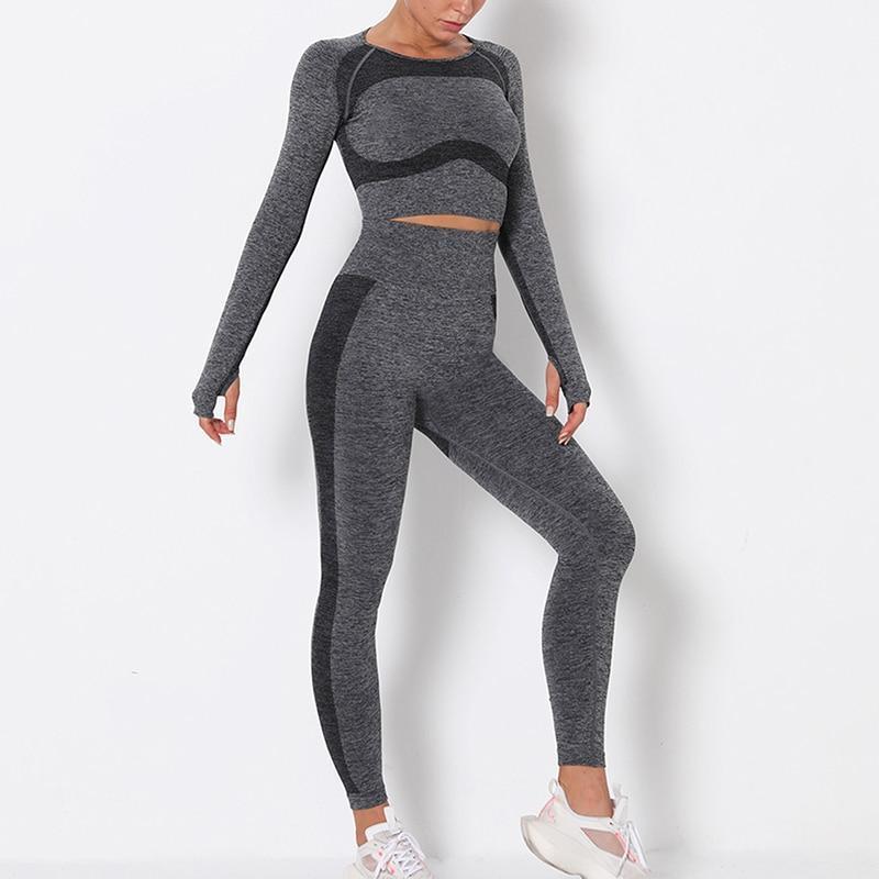 

Women Seamless Yoga Set Gym Clothing Cropped Shirts+Fitness Leggings 2 piece Sport Suit Vital Long Sleeve Tracksuit Active Wear1