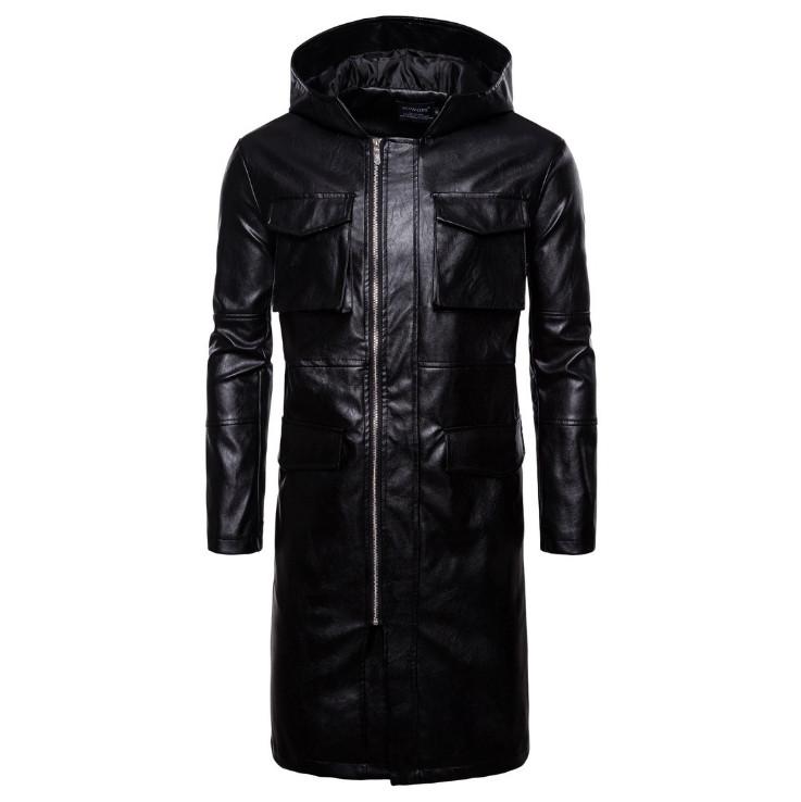

Men Fashion Hooded Long Windbreaker Jacket England Style Pockets Leather Jackets Male Coat Europe/US Size Newest Leather Jacket, Black