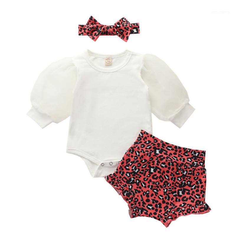 

3pcs Infant Baby Girls Outfit Set Newborn Mesh Bubble Sleeve Romper + Print Shorts + Headband Set1, Brown