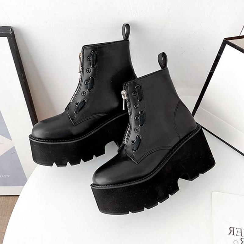 

RIBETRINI On Sale Female Solid Zipper Platform Square Super High Heel Ankle Shoes Women Boots Thick Bottom Cool Boots1, Black