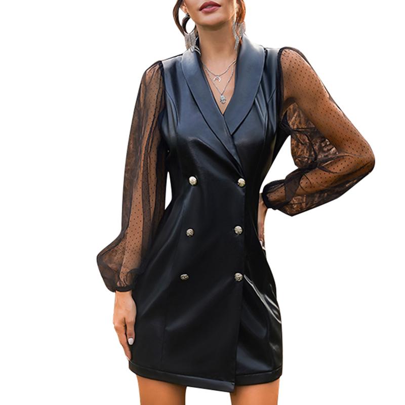 

Vintage Sexy Lady Mesh Patchwork PU Leather Dress Women Long Sleeve V Neck Slim Club Party Fashion Elegant Black MIni Dresses, As pic