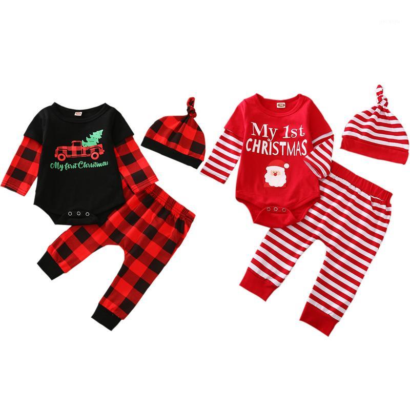 

2020 Christmas Newborn Baby Boy Girl Long Sleeve Cotton Bodysuit Tops Plaid/Striped Pant Hat 3PCS Xmas Clothing Set1, Black