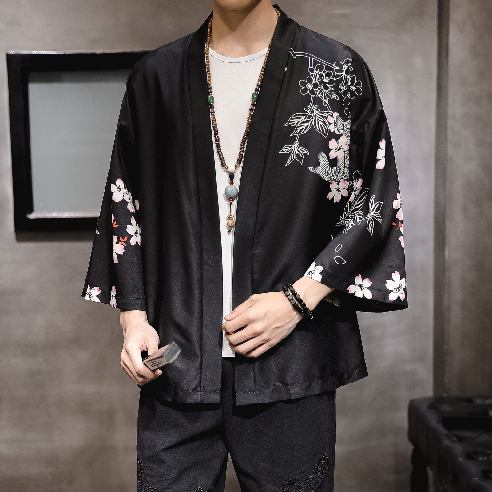 

New Men's Harajuku Streetwear Jackets 2021 Fashion Chinese Style Carp Flying Crane Kimono Cardigan Cape Male Clothing Zg0t, K03yueguangblack
