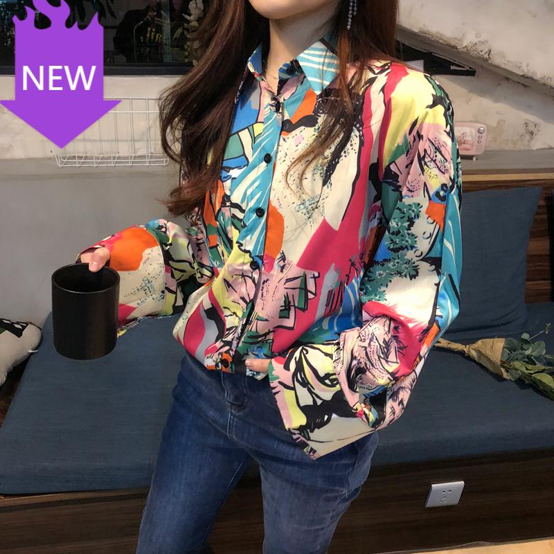

Colorful Abstract Painting Print Long Sleeve Blouse Sping 2020 Clothing Cheerart Print Vintage Blouse Color Block Women Shirts, As pic