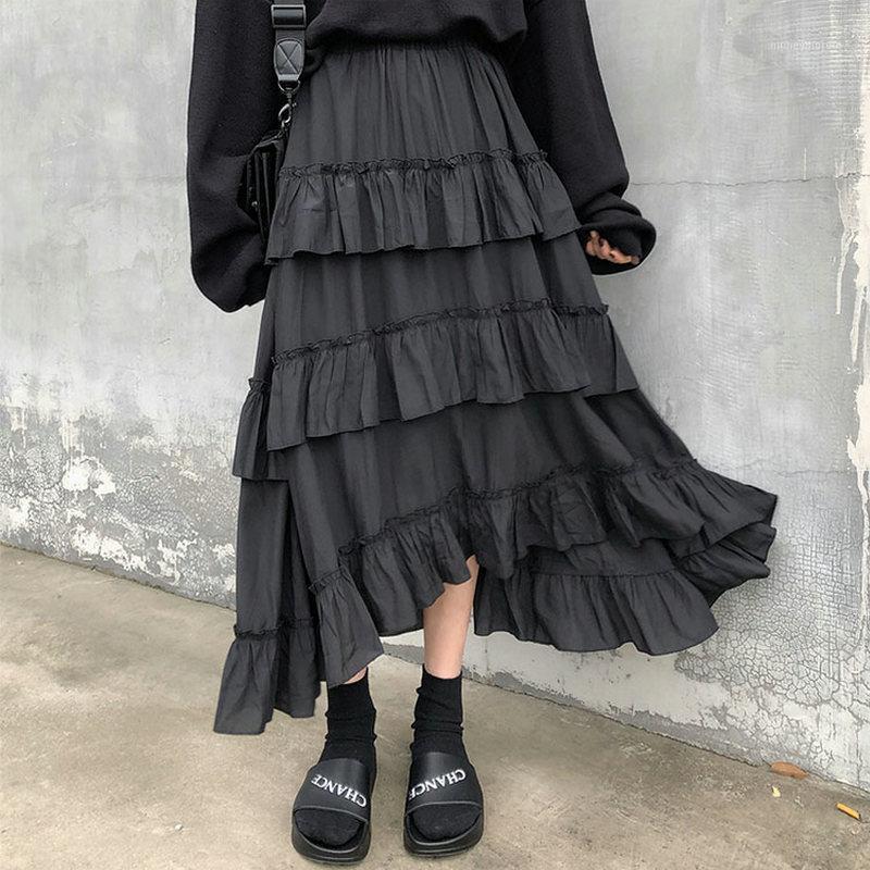 

Midi Long Skirts Women Maxi Skirt Gothic Lolita Summer Autumn Black White High Waist Asymmetrical Ruched Ruffle Skirts MY21461