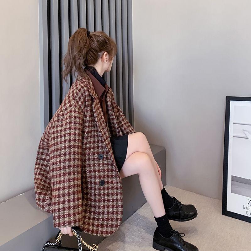 

Blended Wool Coat Women Plaid Jacket Autumn Winter Mid-Long Slim coats Jackets Ladies Elegant Woolen Outerwear, Brown