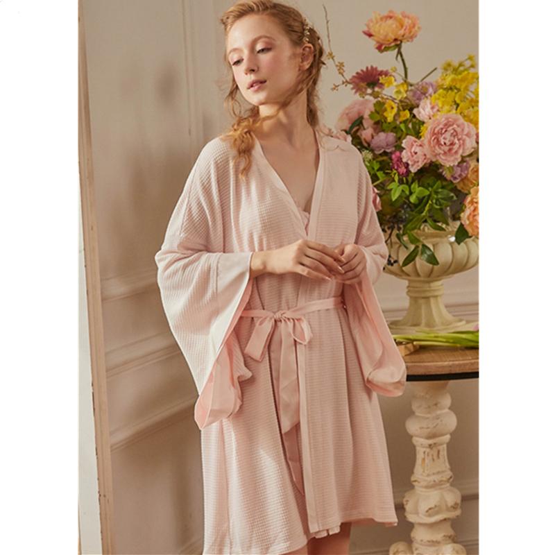 

Robes Sets Solid Kimono 2Pcs Robe Fashion Bathrobe Sexy Sleepwear Peignoir Wedding Robes Soft Bridesmaid T934, Pink