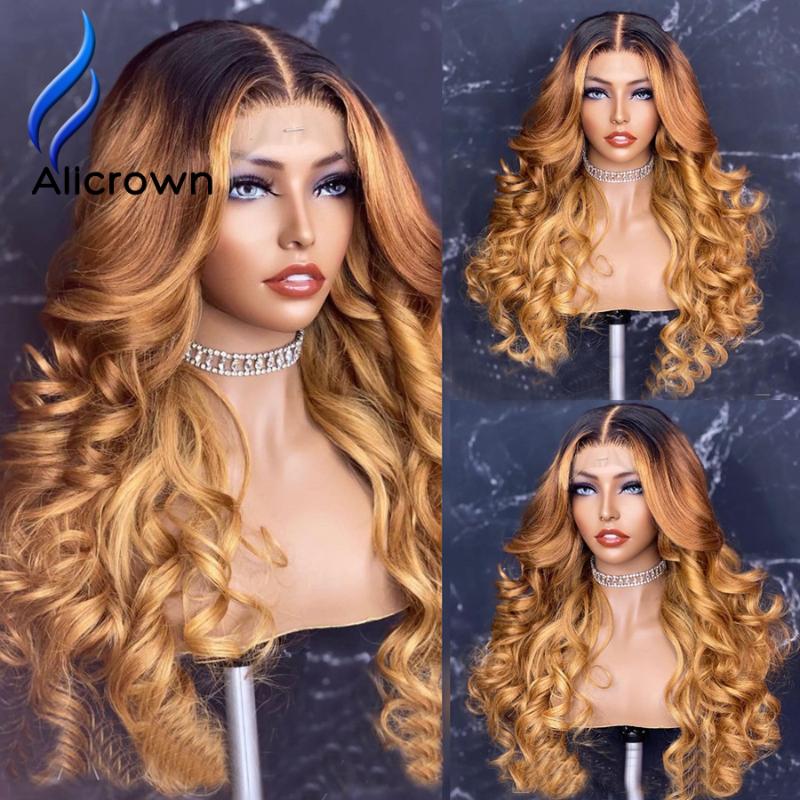 

ALICROWN Highlight Wavy T-part Lace Front Human Hair Wigs For Women Brazilian Non-remy Hair Lace Wigs Pre-Plucked Bleached Knots, Natural color t part