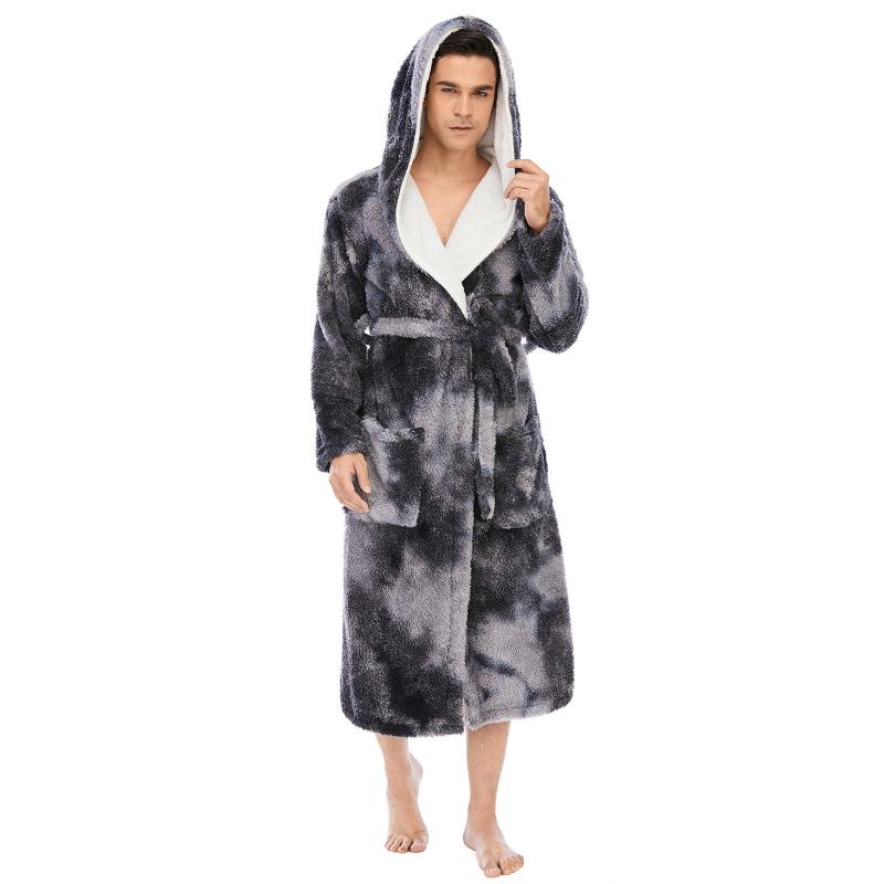 

Men Colorful Tie-dye Coral Fleece Double Pockets Thick Loose Hooded Robe Sets Sleepwear Fashion New Nightgowns Home Clothes #3, Gold