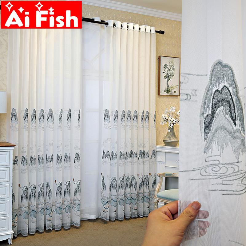 

Chinese Ink painting landscape with boat unique design curtains for Living room embroidered window treatments Tulle MY530#3