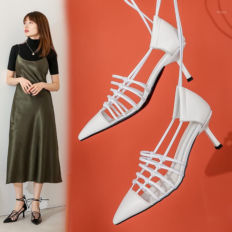

New style women's fashion high heels in summer 2020 leather pointed toe wrap back sandals black white sexy high heel Sandals1
