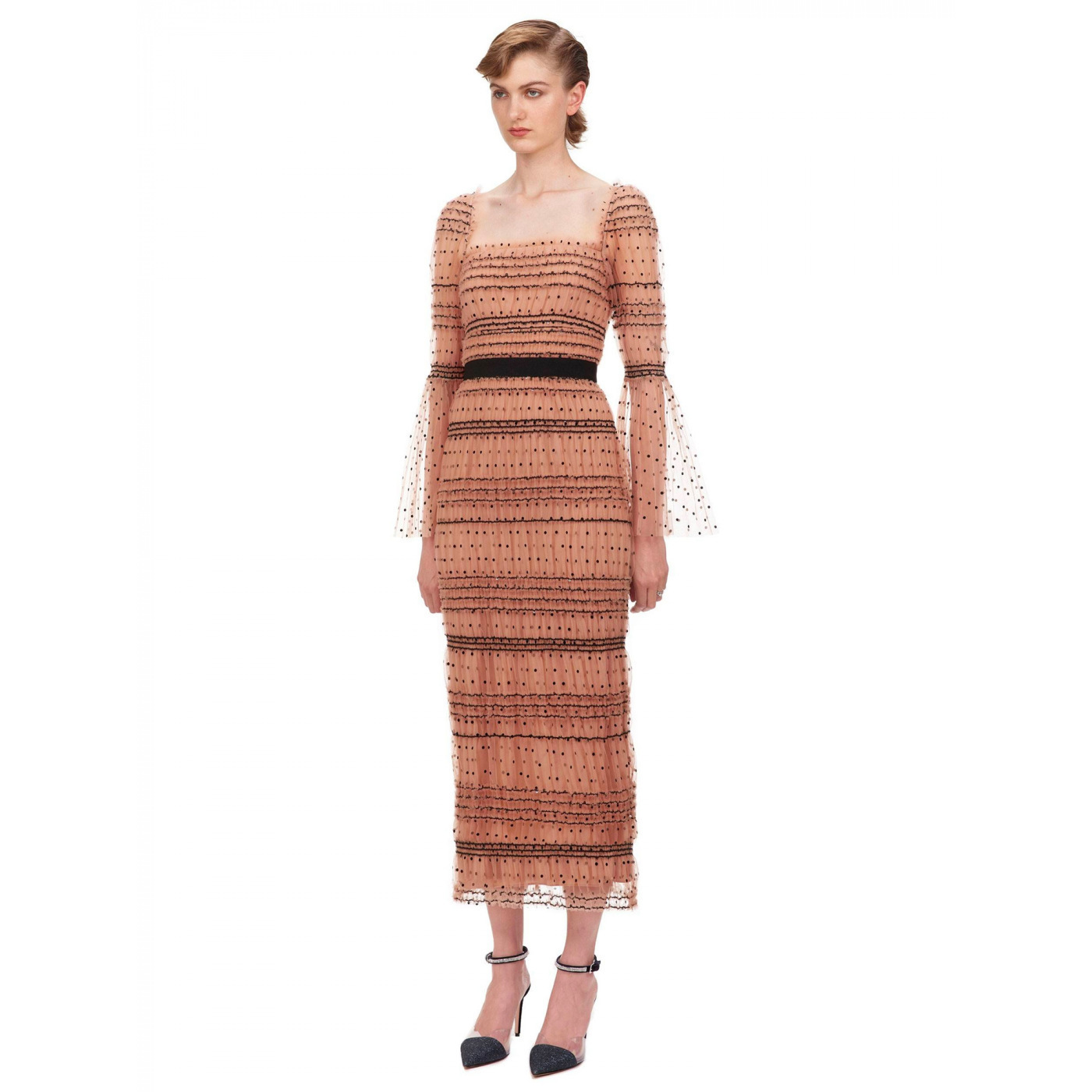 

New of Mid-income Female Self-portrait Crochet Shreds Printed Dots Sexy Turtleneck Thin Long Dress Enlargement Kv14, Brown