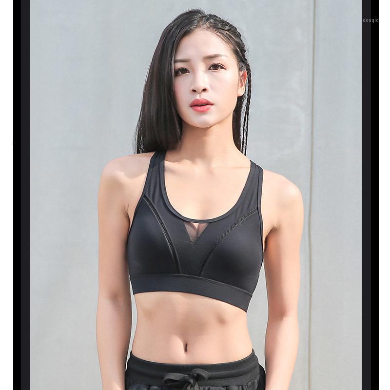 

New ladies sports shirt side cross mesh sports bra adjustable bra gym sexy running yoga1, Black
