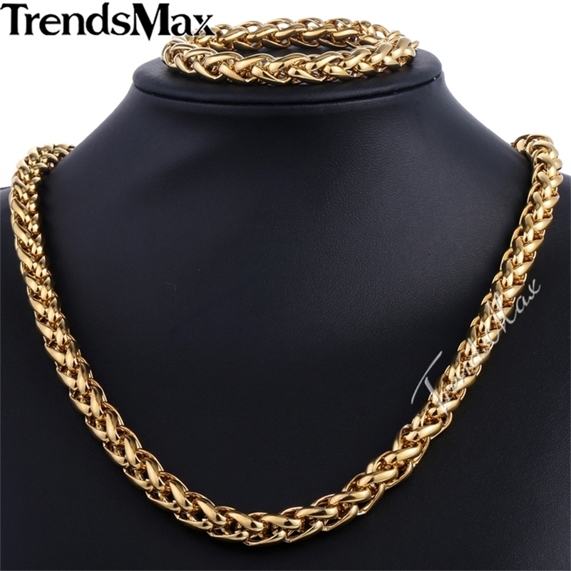 

Trendsmax Brand Jewelry Set 9.5mm Gold-color Wheat Braided Link Stainless Steel Necklace Bracelet Mens Girls Chain Fashion KS215 201225