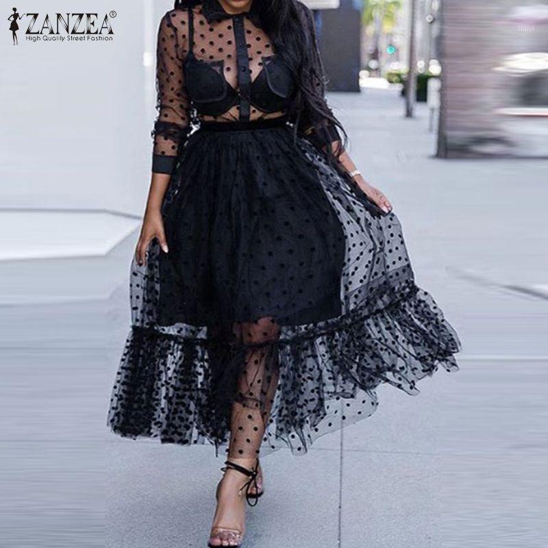 

Casual Dresses ZANZEA Summer Sexy Transparent Lace Mesh Sheer Dress Women Ruffles Hem Polka Dot Sundress See Through Black Vestido Robe71