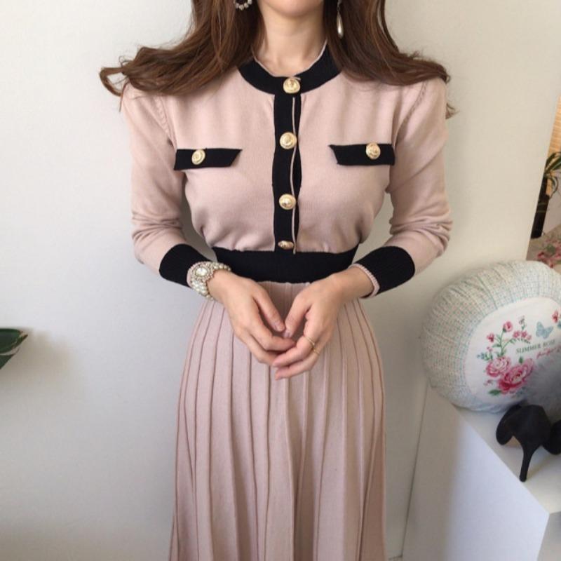 

Casual Dresses Chic Korea Gentle Slim Robe Femme O Neck Puff Long Sleeve Pleated Dress Women Knitted Bandage Sweater Vestido Feminino Contra, Black;gray